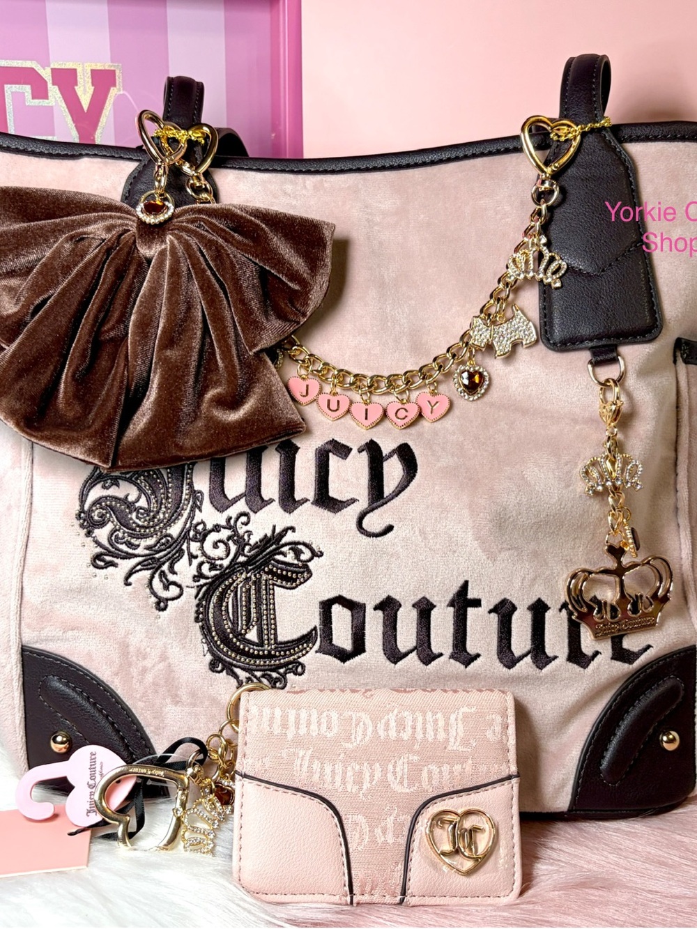 NWT Juicy Couture Blush Pink Velvet Tote, Wallet and Accessories